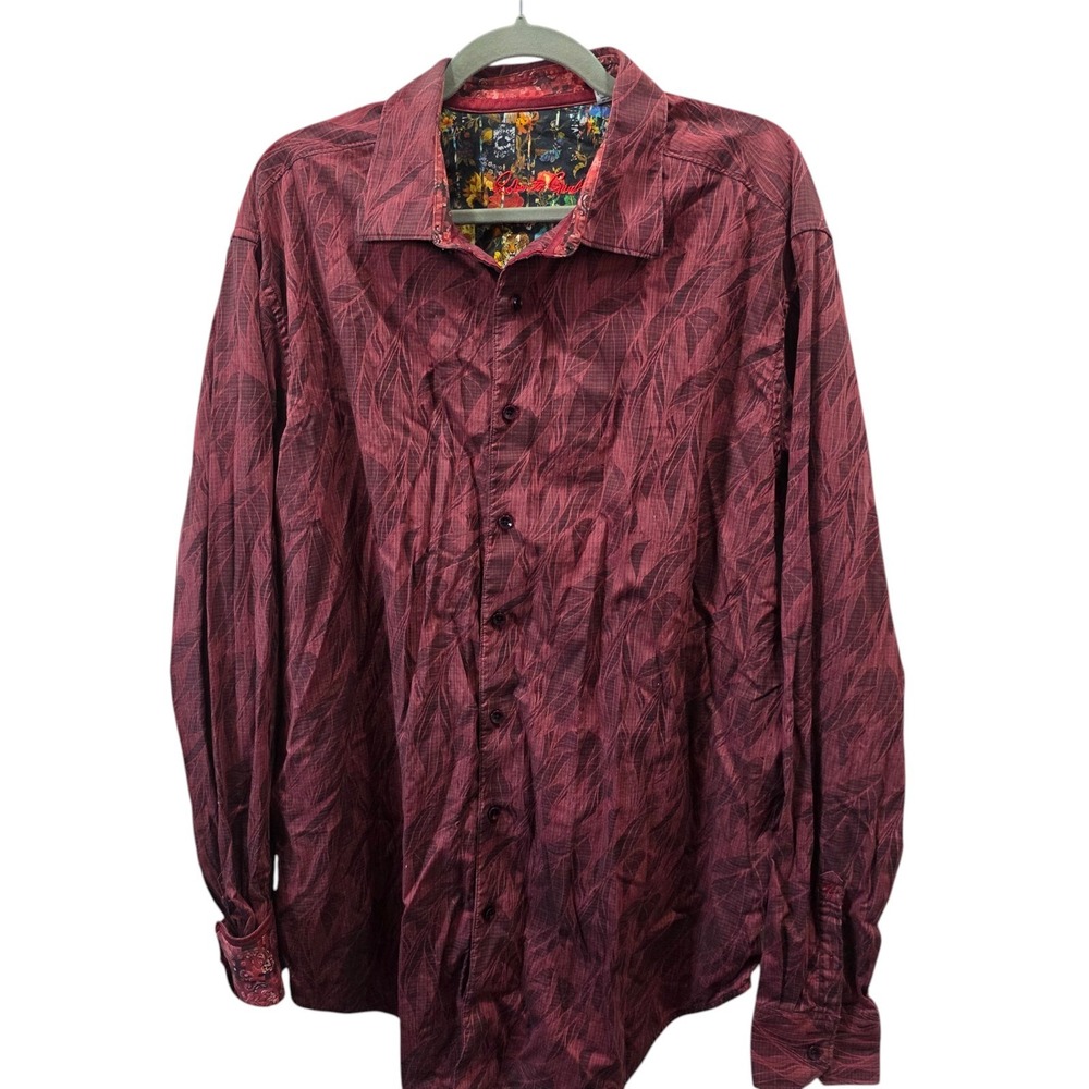Robert Graham 1XLT Red Leaf Print Flip Cuff Button Up Shirt Embroidered Luxury